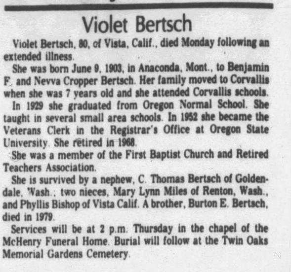 Violet Bertsch Obit 1983